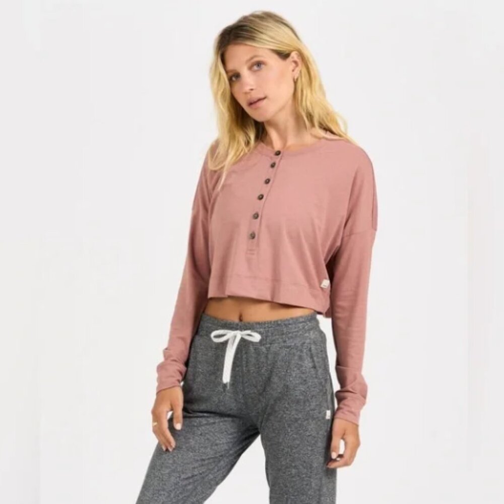 Vuori Dusty Rose Cropped Henley Long Sleeve Top